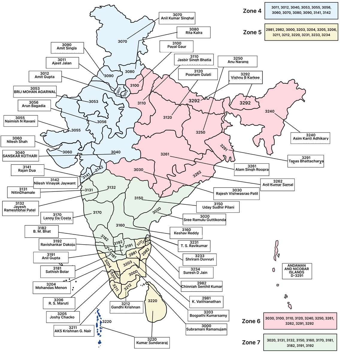 Rotary Zones 4, 5, 6 and 7 district map